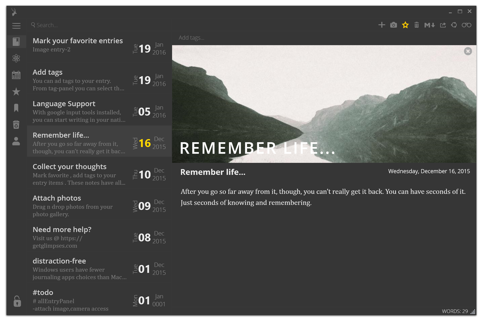 glimpses journal app dark theme